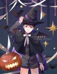  1boy 2017 bat black_hair blue_eyes bow bowtie cape credence_barebone fantastic_beasts_and_where_to_find_them halloween halloween_costume happy_halloween hat male_focus pumpkin solo star wand witch_hat 