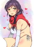  1girl :d blush bow bra breasts detached_sleeves deyuuku eyebrows_visible_through_hair green_eyes hair_bow hair_over_shoulder heart large_breasts long_hair love_live! love_live!_school_idol_project open_mouth panties purple_hair red_bow red_scarf scarf side-tie_panties sitting smile solo thigh-highs toujou_nozomi underwear underwear_only white_bra white_legwear white_panties white_sleeves 