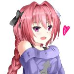  1boy astolfo_(fate) bangs bare_shoulders black_bow blush bow ceijin collarbone commentary english_commentary eyelashes fang fate/grand_order fate_(series) hair_between_eyes hair_bow hair_intakes heart long_braid long_hair long_sleeves looking_at_viewer male_focus multicolored_hair off-shoulder_sweater off_shoulder open_mouth otoko_no_ko pink_hair purple_sweater simple_background smile solo streaked_hair sweater upper_body violet_eyes white_background white_hair 