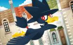  0313 bird bird_focus blue_sky clouds cloudy_sky creature day door flying full_body gen_2_pokemon house looking_at_viewer murkrow no_humans official_art outdoors pokemon pokemon_(creature) pokemon_trading_card_game red_eyes sky solo window 