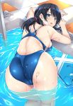  1girl ass black_hair blue_eyes blue_swimsuit commentary_request competition_swimsuit curvy female from_behind huge_ass kickboard long_hair looking_at_viewer looking_back low_twintails lying mizuhara_yuu on_stomach one-piece_swimsuit original pool pool_ladder poolside shiny shiny_skin solo swimsuit twintails water 