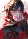  1girl backlighting bangs black_hair breasts cape commentary corset cross english_commentary flower gradient_hair grey_eyes hair_between_eyes izumi_sai long_sleeves looking_at_viewer medium_breasts multicolored_hair petals red_cape redhead rose rose_petals ruby_rose rwby short_hair solo two-tone_hair upper_body 