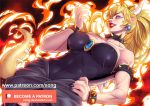  1girl bare_shoulders black_collar black_dress black_nails blonde_hair blue_earrings blue_eyes borrowed_design bowsette bracelet breasts collar collarbone commentary covered_navel crown dress dutch_angle earrings fingernails fire from_below genderswap grin hair_between_eyes hand_on_hip horns jewelry large_breasts super_mario_bros. muscle muscular_female nail_polish new_super_mario_bros._u_deluxe nintendo patreon_username pointy_ears ponytail sharp_fingernails sharp_teeth smile spiked_armlet spiked_bracelet spiked_collar spiked_shell spiked_tail spikes standing strapless strapless_dress super_crown super_mario_bros. tail teeth transformation turtle_shell xong 