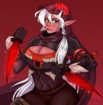  1girl breasts cleavage cleavage_cutout dark_skin dungeon_and_fighter grey_eyes hood knife large_breasts long_hair looking_at_viewer machinegun202_(artist) midriff shadow_dancer_(dungeon_and_fighter) solo white_hair 