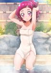  1girl armpits arms_up bangs blunt_bangs blush breasts collarbone hands_in_hair hanzou highres hugtto!_precure looking_at_viewer naked_towel nono_hana onsen open_mouth outdoors ponytail precure red_eyes redhead shiny shiny_hair shiny_skin sitting small_breasts soaking_feet solo tied_hair towel water white_towel 