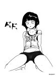  1girl arrow bare_shoulders black_eyes black_hair blush boku_no_hero_academia clothes_writing collarbone earlobes english feet full_body greyscale half-closed_eyes highres jirou_kyouka monochrome navel open_mouth short_hair short_shorts shorts simple_background solo spread_legs squatting strap_slip sweat sweatdrop tank_top white_background 