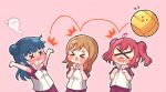  &gt;_&lt; /\/\/\ 3girls \o/ ahoge arms_up bangs blue_hair bouncing brown_hair clenched_hands commentary_request d: dodapan dx eyebrows_visible_through_hair giving_up_the_ghost hands_up highres hitting korean korean_commentary kunikida_hanamaru kurosawa_ruby long_hair love_live! love_live!_sunshine!! multiple_girls open_mouth outline outstretched_arms pants pink_background raglan_sleeves red_pants redhead side_bun simple_background sportswear teardrop translation_request triangle_mouth tsushima_yoshiko two_side_up volleyball volleyball_uniform white_outline 