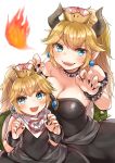  2girls bandanna bangs bare_shoulders black_collar black_dress blonde_hair blue_eyes blush bowsette bowsette_jr. bracelet breasts breathing_fire brooch claw_pose cleavage collar commentary dress earrings eyebrows_visible_through_hair fingernails fire highres horns jewelry koretsuna large_breasts long_hair looking_at_viewer super_mario_bros. medium_dress mother_and_daughter multiple_girls new_super_mario_bros._u_deluxe nintendo open_mouth pointy_ears ponytail sharp_fingernails sharp_teeth short_ponytail simple_background small_breasts smile spiked_armlet spiked_bracelet spiked_collar spiked_shell spikes standing strapless strapless_dress super_crown teeth turtle_shell white_background 