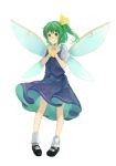  1girl ascot bangs black_footwear blue_skirt blue_vest blush bobby_socks clenched_hands closed_mouth collared_shirt commentary daiyousei fairy_wings full_body green_eyes green_hair hair_ribbon highres looking_at_viewer mary_janes medium_hair one_side_up pigeon-toed puffy_short_sleeves puffy_sleeves ribbon shidaccc shirt shoes short_sleeves simple_background skirt skirt_set smile socks solo standing touhou vest white_background wings yellow_neckwear yellow_ribbon 