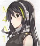  1girl bangs black_hair black_shirt blush brown_eyes character_name commentary craytm english_commentary eyebrows_visible_through_hair from_side girls_frontline green_hair grey_background hair_between_eyes headphones highres long_hair looking_away m4a1_(girls_frontline) multicolored_hair parted_lips portrait shirt simple_background sleeveless sleeveless_shirt solo streaked_hair twitter_username 