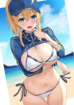  1girl akatsuki_ikki arm_under_breasts artoria_pendragon_(all) baseball_cap beach bikini blonde_hair blue_eyes blue_hat blush breast_hold breasts cleavage commentary_request day fate/grand_order fate_(series) finger_to_mouth hat highres large_breasts long_hair looking_at_viewer mysterious_heroine_xx_(foreigner) navel open_mouth ponytail revision shrug_(clothing) side-tie_bikini solo swimsuit tongue tongue_out white_bikini zipper 