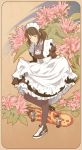 1girl apron bow brown_hair closed_eyes commentary_request curtsey flower flower_request maid maid_apron maid_headdress original pantyhose shoes short_hair skateboard sneakers solo suzushiro_(suzushiro333) 