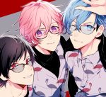  3boys ;) aizome_kento animal_print ashu_yuuta b-project bird_print black-framed_eyewear blue_eyes blue_hair brown_hair glasses hand_up kaneshiro_goushi looking_at_viewer multiple_boys noki418 one_eye_closed parted_lips pink_hair red_eyes simple_background smile thrive upper_body 