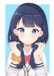  1girl bangs blue_background blue_eyes blue_hair blush bow cardigan closed_mouth collared_shirt commentary_request dress_shirt eyebrows_visible_through_hair gridman_(character) hands_up head_tilt highres long_hair long_sleeves orange_scrunchie red_bow scrunchie seventeen_(st17215) shirt solo ssss.gridman two-tone_background upper_body white_background white_cardigan white_shirt wrist_scrunchie 