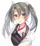  1girl 916200 blush breastplate eyebrows_visible_through_hair floating_hair green_eyes green_hair hair_between_eyes hair_ribbon japanese_clothes kantai_collection kimono long_hair looking_at_viewer open_mouth ribbon simple_background sketch solo speech_bubble sweatdrop twintails upper_body white_background white_kimono white_ribbon zuikaku_(kantai_collection) 