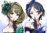  2girls bangs black_gloves black_hair blue_eyes blue_feathers bow brown_hair collarbone earrings elbow_gloves eyebrows_visible_through_hair feathers finger_to_mouth gloves green_bow green_eyes green_feathers hair_between_eyes hair_bow hair_feathers hayami_kanade heterochromia idolmaster idolmaster_cinderella_girls index_finger_raised jewelry looking_at_viewer mole mole_under_eye multiple_girls necklace parted_bangs shiny shiny_hair short_hair sketch takagaki_kaede tsukikage_oyama upper_body white_background yellow_eyes 