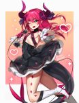  1girl ;d artist_name blue_eyes blue_ribbon boots breasts dress elizabeth_bathory_(fate) elizabeth_bathory_(fate)_(all) eyebrows_visible_through_hair eyes_visible_through_hair fang fate/grand_order fate_(series) gradient gradient_background hair_ribbon heart high_heel_boots high_heels holding holding_microphone horns knee_boots long_hair looking_at_viewer microphone one_eye_closed open_mouth outstretched_arm pink_hair pointy_ears ribbon simple_background small_breasts smile solo sparkle tail teru_(renkyu) twitter_username v-shaped_eyebrows wrist_cuffs 