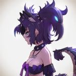  1girl animal_ears bare_shoulders beltbra black_hair blue_eyes blue_hair bow breasts cerberus_(kemono_friends) cleavage collar collarbone commentary_request dog_ears elbow_gloves extra_ears eyebrows_visible_through_hair gloves kemono_friends lizard_tail medium_breasts multicolored_hair name_tag profile purple_hair short_hair sleeveless solo spiked_collar spikes tail takami_masahiro twintails upper_body 