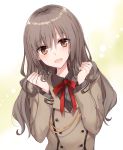  1girl :d bangs blazer blush bow brown_eyes brown_hair brown_jacket brown_shirt collared_shirt double-breasted eyebrows_visible_through_hair hair_between_eyes hands_up head_tilt highres jacket kinona long_hair long_sleeves looking_at_viewer open_mouth original red_bow school_uniform shirt smile solo upper_body very_long_hair 