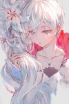  1girl :o blue_eyes collarbone commentary earrings english_commentary flower hair_flower hair_ornament half-closed_eyes highres holding holding_hair izumi_sai jewelry long_hair long_sleeves looking_at_viewer necklace parted_lips rwby scar scar_across_eye sidelocks upper_body weiss_schnee white_flower white_hair 