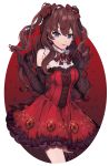  1girl absurdres black_gloves blue_eyes bow brown_hair cowboy_shot dress earrings elbow_gloves floating_hair floral_print frilled_dress frills gloves hair_bow highres ichinose_shiki idolmaster idolmaster_cinderella_girls jewelry long_hair looking_at_viewer neck_ribbon print_gloves red_bow red_dress ribbon shiny shiny_hair simple_background sleeveless sleeveless_dress solo standing striped striped_bow striped_ribbon thigh_strap tirunokiri tongue tongue_out twintails very_long_hair white_background 