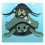  :&gt; air_bubble black_hair blush brown_eyes bubble chibi diving_mask diving_mask_on_eyes k-on! nakano_azusa school_uniform shell swimming ton-chan turtle twintails underwater 