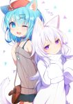 2girls ;d ahoge animal_ear_fluff animal_ears bag bangs bare_shoulders beret black_skirt blue_eyes blue_hair blush borrowed_character bow breasts brown_bow brown_sweater cat_ears cat_girl cat_tail cleavage closed_mouth commentary_request eyebrows_visible_through_hair hair_between_eyes hair_bow hair_ornament hairclip hat head_tilt highres jewelry long_hair long_sleeves miniskirt mofuaki multiple_girls off-shoulder_sweater one_eye_closed open_mouth original pendant plaid plaid_bow pleated_skirt red_hat round_teeth shoulder_bag silver_hair simple_background skirt sleeves_past_fingers sleeves_past_wrists small_breasts smile sweater tail teeth turtleneck turtleneck_sweater upper_teeth very_long_hair violet_eyes white_background white_sweater x_hair_ornament 