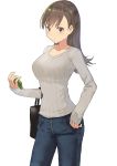  1girl brown_eyes brown_hair casual cellphone commentary_request cowboy_shot denim highres jeans kantai_collection long_hair long_sleeves looking_at_viewer masukuza_j ooi_(kantai_collection) pants phone ribbed_sweater simple_background solo sweater white_background 