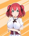  1girl alternate_breast_size arms_under_breasts black_ribbon blouse breasts corset green_eyes hair_ribbon highres kurosawa_ruby large_breasts love_live! love_live!_school_idol_project love_live!_sunshine!! nono_(totokin) open_mouth redhead ribbon sho short_hair solo twintails 