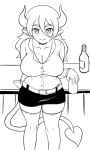  1girl belt bottle breasts cleavage collarbone commentary demon_girl demon_tail english_commentary greyscale hair_between_eyes highres horns large_breasts long_hair looking_at_viewer monochrome nav office_lady original parted_lips pointy_ears smile solo tail thigh-highs zettai_ryouiki 