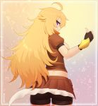  1girl ahoge bike_shorts blonde_hair brown_shirt brown_skirt commentary_request cowboy_shot from_behind kuroonehalf long_hair looking_at_viewer looking_back pleated_skirt puffy_short_sleeves puffy_sleeves rwby shirt short_sleeves skirt smile solo thumbs_up very_long_hair violet_eyes yang_xiao_long 