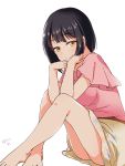  1girl arms_between_legs artist_name bangs bare_legs black_hair blush breasts casual chin_rest closed_mouth crossed_ankles eyebrows_visible_through_hair floral_print hand_on_own_chin hand_on_own_face idolmaster idolmaster_cinderella_girls knees_up legs looking_at_viewer medium_breasts pink_shirt shirt short_hair sidelocks simple_background sitting skirt smile smirk smug solo susutaketakumi takafuji_kako white_background wide_sleeves yellow_eyes yellow_skirt 