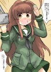  1girl alternate_costume antenna_hair blouse blush brown_eyes brown_hair cannon cosplay gaoo_(frpjx283) green_blouse green_neckwear green_sailor_collar green_skirt gun highres kantai_collection kuma_(kantai_collection) long_hair long_sleeves neckerchief ooi_(kantai_collection) ooi_(kantai_collection)_(cosplay) open_mouth sailor_collar school_uniform serafuku shirt skirt weapon 