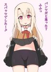  1girl :p absurdres bangs bike_shorts black_shorts black_skirt blonde_hair blush bow brown_jacket closed_mouth collarbone commentary_request cowboy_shot eyebrows_visible_through_hair fate/kaleid_liner_prisma_illya fate_(series) groin hair_between_eyes head_tilt heart heart-shaped_pupils highres homurahara_academy_uniform illyasviel_von_einzbern jacket lifted_by_self long_hair long_sleeves mitchi navel pink_background pleated_skirt red_bow red_eyes school_uniform short_shorts shorts simple_background skirt skirt_lift smile solo symbol-shaped_pupils tongue tongue_out translation_request very_long_hair 