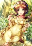  1girl :d blush bracelet breasts brown_eyes brown_hair covered_navel dress dutch_angle eyebrows_visible_through_hair floating_hair flower forest head_tilt head_wreath highres idolmaster idolmaster_cinderella_girls jewelry long_dress long_hair looking_at_viewer ment nature necklace open_mouth outdoors pink_flower pink_rose rose shiny shiny_hair sitting small_breasts smile solo sundress sunlight takamori_aiko twintails white_flower white_rose yellow_dress yellow_flower yellow_rose 