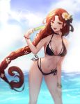  1girl :d bikini black_bikini black_choker bracelet breasts choker collarbone flower food hair_flower hair_ornament hand_on_own_thigh jewelry kottungyang large_breasts leaning_forward long_hair mole mole_under_eye navel ocean open_mouth orange_eyes original popsicle redhead side-tie_bikini smile solo swimsuit very_long_hair wet wind 