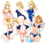  1girl all_fours ass ayase_eli barefoot bikini blonde_hair blue_bikini blue_eyes blue_swimsuit breasts cleavage competition_school_swimsuit competition_swimsuit cowboy_shot front-tie_top full_body highres kurokawa_makoto long_hair love_live! love_live!_school_idol_project medium_breasts multiple_views new_school_swimsuit one-piece_swimsuit orange_bikini ponytail school_swimsuit side-tie_bikini simple_background splashing swimsuit water white_background wide_hips 