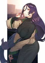  1girl alternate_costume bangs beige_jacket black_skirt black_sweater breasts casual closed_mouth commentary_request fate/grand_order fate_(series) glasses highres holding holding_eyewear large_breasts long_hair long_skirt long_sleeves looking_at_viewer low-tied_long_hair minamoto_no_raikou_(fate/grand_order) nail_polish parted_bangs purple_hair red_nails rolua skirt sweater turtleneck turtleneck_sweater very_long_hair violet_eyes 