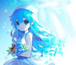  1girl blue_eyes blue_hair bracelet breasts bubble closed_mouth dress expressionless flower ha_youn hat heart heart-shaped_pupils highres ikamusume jewelry looking_at_viewer shinryaku!_ikamusume sleeveless sleeveless_dress small_breasts solo squid squid_hat symbol-shaped_pupils tentacle_hair white_dress white_hat 