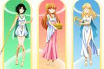  3girls alternate_costume black_hair blonde_hair blossom_(ppg) bow bubbles_(ppg) buttercup_(ppg) cape closed_eyes dress flower greek_mythology green_eyes hair_bow harp heart instrument long_hair looking_at_viewer multiple_girls open_mouth orange_hair pink_eyes polearm powerpuff_girls sandals short_hair siblings smile spear toga weapon 