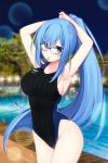  1girl arm_up armpits bangs bare_arms black-framed_eyewear black_swimsuit blue_eyes blue_hair blurry blurry_background blush breasts character_name clothes_writing collarbone competition_swimsuit cowgirl_position depth_of_field emori_miku emori_miku_project eyebrows_visible_through_hair glasses groin highres large_breasts long_hair looking_at_viewer miko_92 mouth_hold night night_sky official_art one-piece_swimsuit ponytail pool poolside sideboob sky smile solo straddling swimsuit tree tying_hair very_long_hair water 