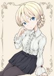  1girl absurdres arm_behind_back bangs black_legwear black_skirt blonde_hair blue_eyes braid brown_background closed_mouth collar commentary darjeeling eyebrows_visible_through_hair formal frilled_collar frilled_shirt_collar frills girls_und_panzer head_tilt highres light_frown long_sleeves looking_at_viewer lying miniskirt on_side pantyhose pleated_skirt shibagami shirt short_hair sitting skirt solo tied_hair twin_braids white_shirt wing_collar yokozuwari 