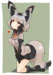  1girl animal_ears bat-eared_fox_(kemono_friends) black_hair blush boots bow bowtie commentary_request elbow_gloves eyebrows_visible_through_hair fox_ears fox_tail full_body fur_trim gloves grey_hair heart highres kemono_friends kneeling multicolored_hair pleated_skirt short_hair short_sleeves skirt solo sweatdrop tail teranekosu 