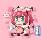  1girl :d animal_costume aqua_eyes bangs blush_stickers chibi commentary_request cosplay cow_costume cow_hood cup dodapan drawstring full_body highres holding holding_cup hood hood_up kigurumi kurosawa_ruby looking_at_viewer love_live! love_live!_sunshine!! milk_carton open_mouth outline pink_background redhead sitting smile solo two_side_up white_outline yellow_neckwear 