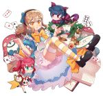  3girls :o ace_of_hearts ace_of_spades alice_(wonderland) alice_(wonderland)_(cosplay) alice_in_wonderland animal_ears ankle_ribbon back_bow bangs black_footwear blue_bow blue_dress blue_hair blush book bow brown_hair card cat_ears cat_tail checkerboard_cookie cheshire_cat cheshire_cat_(cosplay) commentary_request cookie cosplay cup dodapan dress flower food glasses gloves hair_bow hairband highres korean_commentary kunikida_hanamaru kurosawa_ruby long_hair love_live! love_live!_sunshine!! low-tied_long_hair mary_janes multiple_girls mushroom open_book paw_gloves paws plate playing_card pocket_watch purple_bow rabbit_ears redhead ribbon rose shoes short_sleeves side_bun smile socks striped striped_legwear tail teacup teapot thigh-highs tsushima_yoshiko two_side_up watch white_bloomers white_flower white_legwear white_rabbit white_rabbit_(cosplay) white_rose yellow_eyes yellow_ribbon 