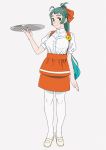  1girl alternate_costume anna_miller apron commentary_request full_body green_eyes green_hair grey_background irako_(kantai_collection) kantai_collection long_hair mary_janes name_tag ojipon orange_skirt pantyhose ponytail shoes simple_background skirt solo standing tray waitress white_legwear 