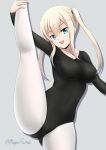  1girl black_leotard blonde_hair blue_eyes commentary_request cowboy_shot fuuma_nagi graf_zeppelin_(kantai_collection) grey_background hair_between_eyes kantai_collection leotard looking_at_viewer open_mouth pantyhose sidelocks simple_background solo split standing standing_on_one_leg standing_split twintails twitter_username white_legwear 