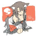  1girl animal_ear_fluff animal_ears blush breasts brooch brown_hair cleavage closed_mouth collarbone dated dress eyebrows_visible_through_hair hair_between_eyes hair_over_shoulder imaizumi_kagerou jewelry leaning_forward long_hair looking_at_viewer medium_breasts numa_(minus_4k) off-shoulder_dress off_shoulder red_eyes seiza sidelocks simple_background sitting solo tail tareme touhou translation_request wolf_ears wolf_tail 