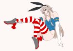  1girl adapted_costume animal_ears beige_background blonde_hair blue_leotard brown_eyes bunnysuit commentary_request elbow_gloves full_body gloves kantai_collection leotard long_hair ojipon rabbit_ears shimakaze_(kantai_collection) simple_background solo strapless strapless_leotard striped striped_legwear thigh-highs white_gloves 
