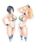  2girls adjusting_clothes adjusting_swimsuit arms_behind_head ascot atago_(kantai_collection) bangs bikini black_hair black_legwear blonde_hair blue_bikini blue_eyes bow bowtie breasts choker cleavage closed_mouth commentary_request eyebrows_visible_through_hair frilled_choker frills frown highres kantai_collection large_breasts long_hair looking_at_viewer multiple_girls navel ponytail red_eyes smile sowitchraw_(cellphiena) swimsuit takao_(kantai_collection) wading wet white_background white_neckwear 